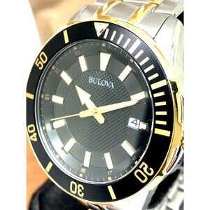 Bulova Men's Watch 98B394 Black Dial Date Quartz Two Tone Stainless Steel 44mm